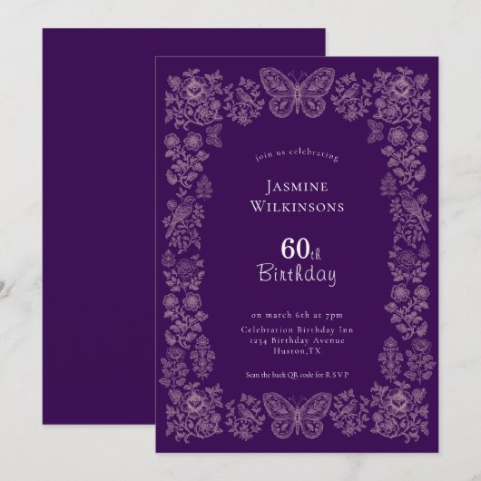 Elegant Floral Butterfly 60th Birthday Invitation 招待状 (正面/裏面)