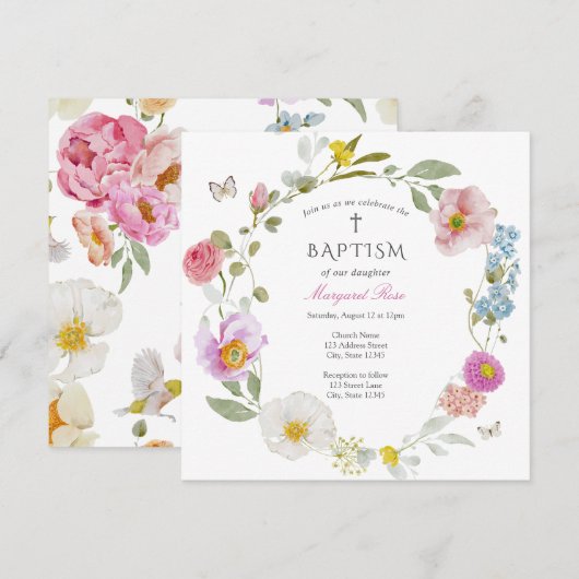 Elegant Floral Butterfly Baptism Invitation 招待状 (正面/裏面)