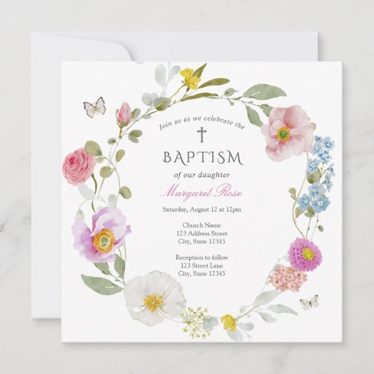 Elegant Floral Butterfly Baptism Invitation 招待状 (正面)