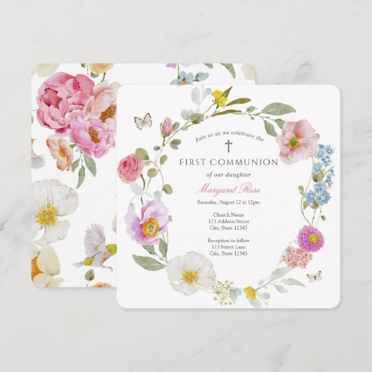 Elegant Floral Butterfly Communion Invitation 招待状 (正面/裏面)