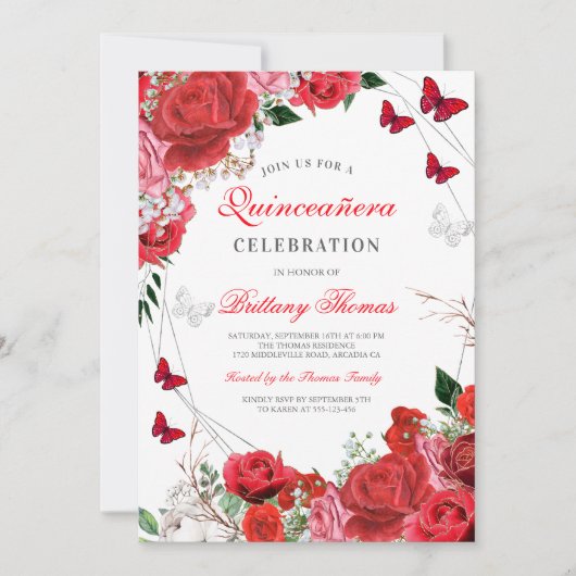Elegant Floral Butterfly Quinceañera Invitation 招待状 (正面)