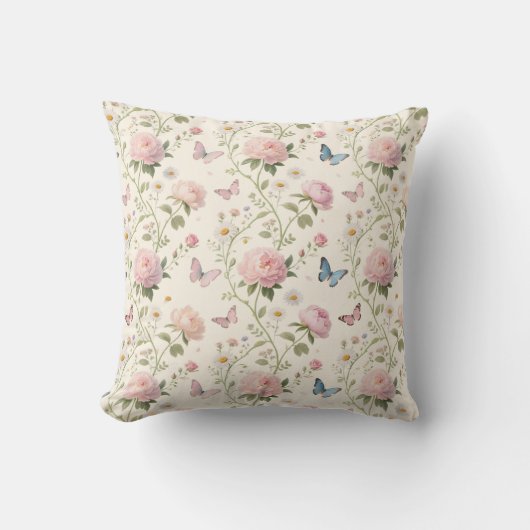 Elegant Floral & Butterfly Throw Pillow クッション (正面)