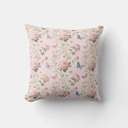 Elegant Floral & Butterfly Throw Pillow クッション (正面)