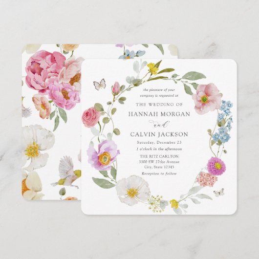 Elegant Floral Butterfly Wedding Invitation 招待状 (正面/裏面)
