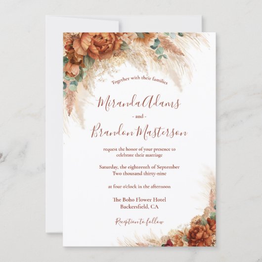 Elegant Floral Calligraphy QR CodeBoho Wedding 招待状 (正面)