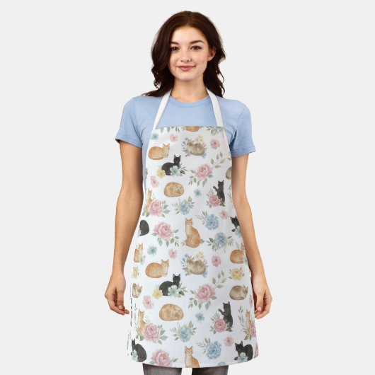Elegant Floral Cat Print Apron エプロン (着用した状態)