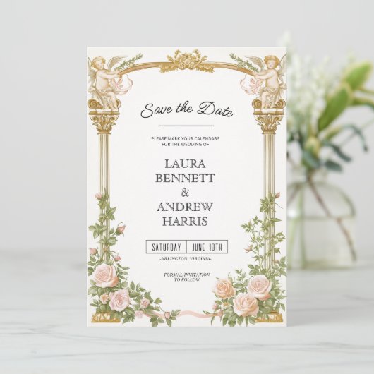 Elegant Floral Cherub Save the Date 招待状 (スタンド正面)