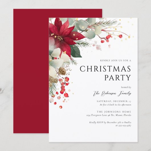 Elegant Floral Christmas Party Red 招待状 (正面/裏面)