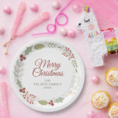 Elegant Floral Christmas Wreath Family Custom Name ペーパープレート (パーティー)