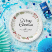 Elegant Floral Christmas Wreath Family Custom Name ペーパープレート (パーティー)