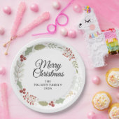 Elegant Floral Christmas Wreath Family Custom Name ペーパープレート (パーティー)