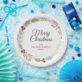 Elegant Floral Christmas Wreath Family Custom Name ペーパープレート (パーティー)