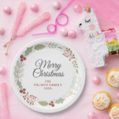Elegant Floral Christmas Wreath Family Custom Name ペーパープレート (パーティー)