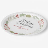 Elegant Floral Christmas Wreath Family Custom Name ペーパープレート (アングル)
