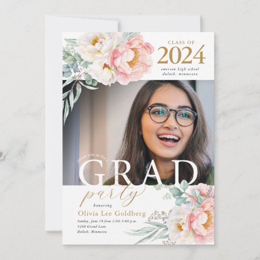 Elegant Floral Class of 2023 Grad Party Invitation 招待状 (正面)