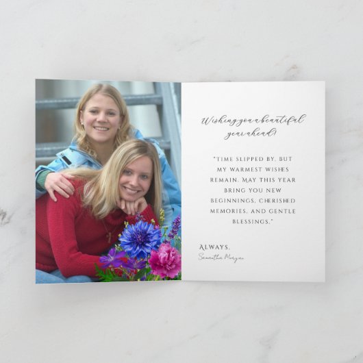 Elegant Floral Clock Belated Birthday Card カード (内部)