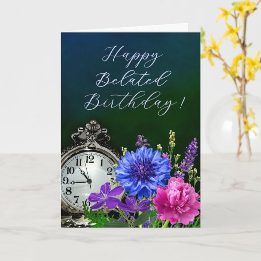 Elegant Floral Clock Belated Birthday Card カード (黄色い花)
