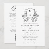 Elegant Floral Crest Monogram All in One Wedding 招待状 (正面/裏面)