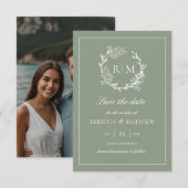 Elegant Floral Crest Monogram Photo 招待状 (正面/裏面)