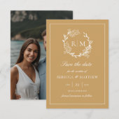 Elegant Floral Crest Monogram Photo 招待状 (正面/裏面)