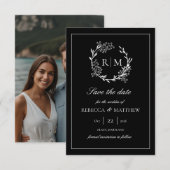 Elegant Floral Crest Monogram Photo 招待状 (正面/裏面)