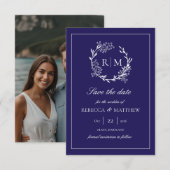 Elegant Floral Crest Monogram Photo 招待状 (正面/裏面)