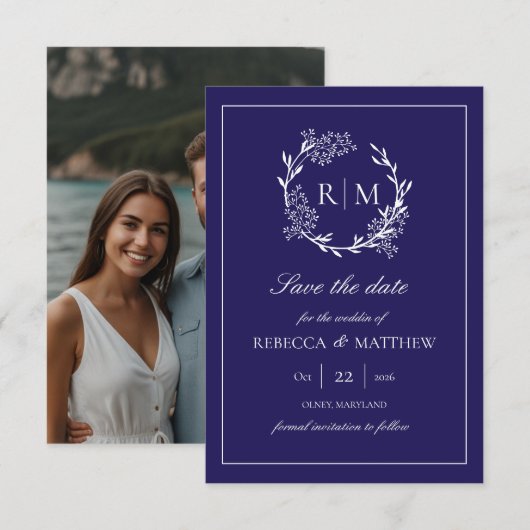 Elegant Floral Crest Monogram Photo 招待状 (正面/裏面)