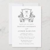 Elegant Floral Crest Monogram Photo Wedding 招待状 (正面)