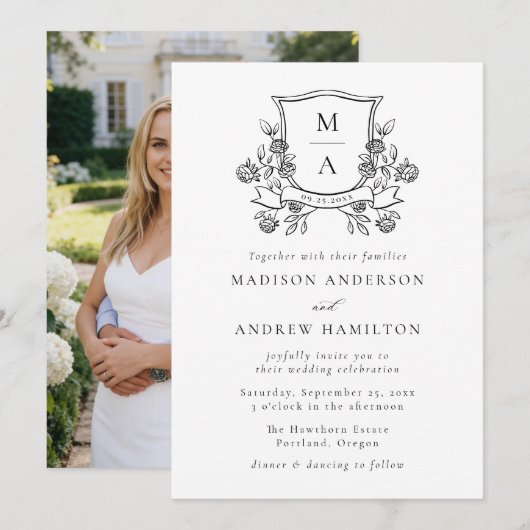 Elegant Floral Crest Monogram Photo Wedding 招待状 (正面/裏面)