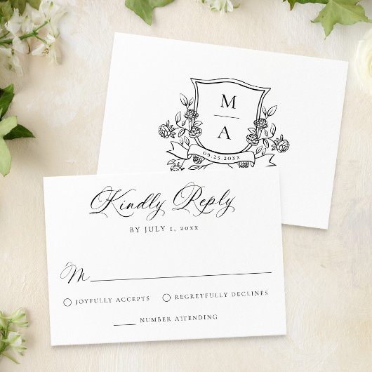 Elegant Floral Crest Monogram Wedding 出欠カード