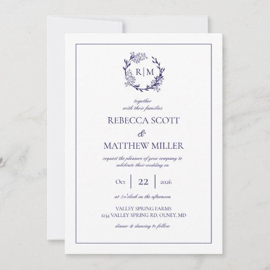 Elegant Floral Crest Monogram Wedding 招待状 (正面)