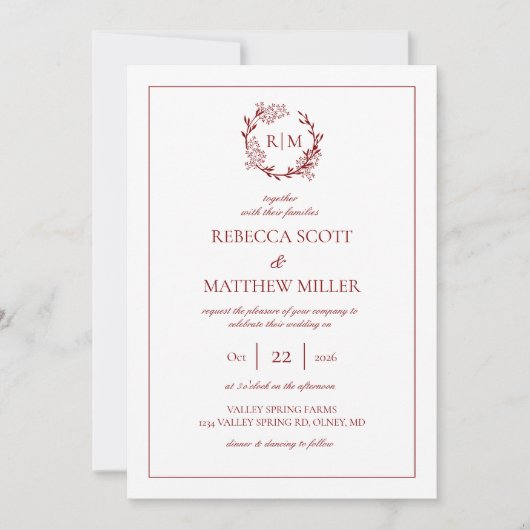 Elegant Floral Crest Monogram Wedding 招待状 (正面)