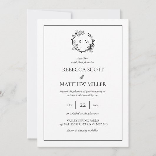 Elegant Floral Crest Monogram Wedding 招待状 (正面)