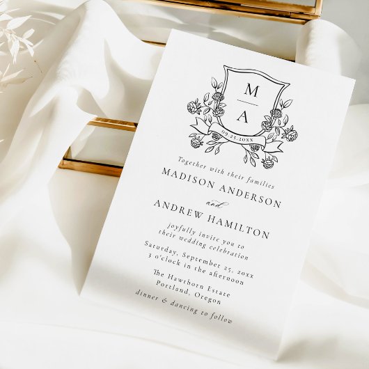 Elegant Floral Crest Monogram Wedding 招待状