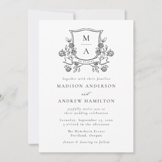 Elegant Floral Crest Monogram Wedding 招待状 (正面)
