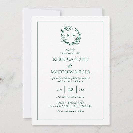 Elegant Floral Crest Monogram Wedding 招待状 (正面)