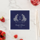 Elegant Floral Crest Navy Monogram Paper Napkin スタンダードカクテルナプキン (インサイチュ)