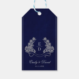 Elegant Floral Crest Navy Monogram Wedding ギフトタグ