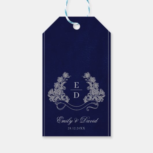 Elegant Floral Crest Navy Monogram Wedding ギフトタグ (正面)