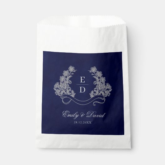 Elegant Floral Crest Navy Monogram Wedding フェイバーバッグ (正面)