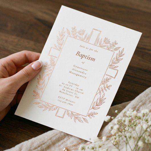 Elegant Floral Cross Baptism Religious Baby Photo 箔招待状