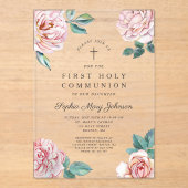 Elegant Floral Cross Girl First Communion アクリル招待状 (正面)