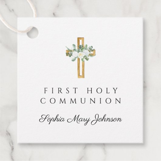 Elegant Floral Cross Girl First Holy Communion フェイバータグ (正面)