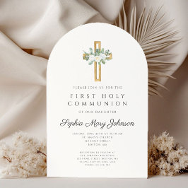 Elegant Floral Cross Girl First Holy Communion 招待状
