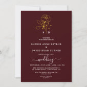 Elegant Floral Deep Burgundy Gold Monogram Wedding 招待状 (正面)