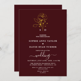 Elegant Floral Deep Burgundy Gold Monogram Wedding 招待状