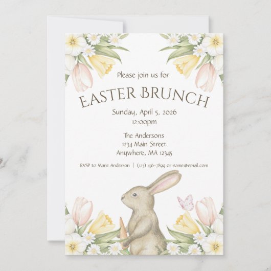 Elegant Floral Easter Bunny Easter Brunch Invite シーズンカード (正面)