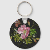 Elegant Floral Embroidery Pattern Black Background キーホルダー (正面)