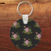 Elegant Floral Embroidery Pattern Black Background キーホルダー (裏面)