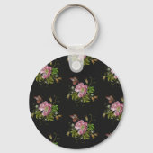 Elegant Floral Embroidery Pattern Black Background キーホルダー (裏面)